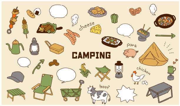 Hand-painted simple and cute camping equipment illustration material Hand-painted simple and cute camping equipment illustration material cheese fondue stock illustrations