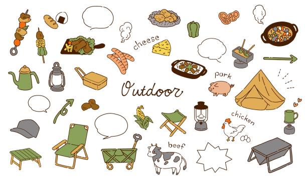 Hand-painted simple and cute camping equipment illustration material Hand-painted simple and cute camping equipment illustration material cheese fondue stock illustrations