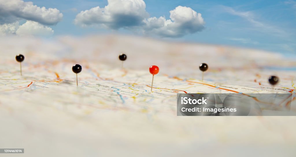 Find your way. Location Pin marking on a routes, world map. Maps navigation with red and black color point markers design background. Adventure, discovery, navigation, communication, logistics, geography Map Stock Photo