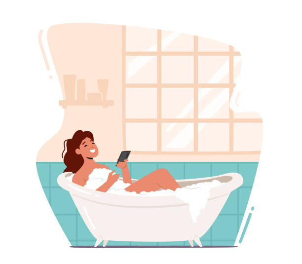 stockillustraties, clipart, cartoons en iconen met het jonge ontspannen van de vrouw in badkuip met smartphone in handen. gelukkige vrouwelijke karakterhygiëne en schoonheidsprocedure - hotel shampoo