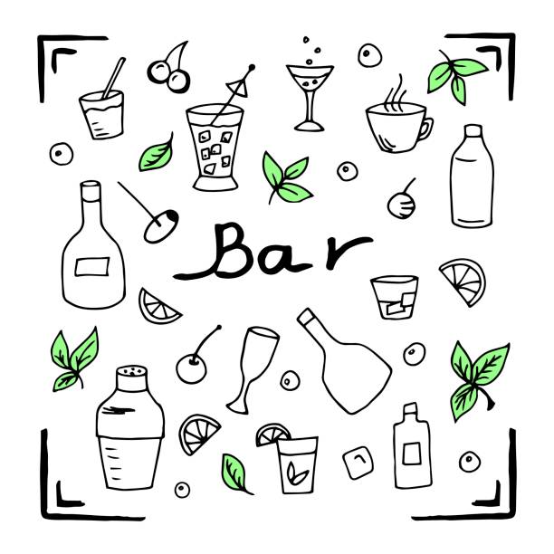 Simple hand-drawn vector set of bar design elements. Alcoholic drinks, bottles of liquor, glass of champagne, cocktail, green mint leaves. Black outline on a white background. Simple hand-drawn vector set of bar design elements. Alcoholic drinks, bottles of liquor, glass of champagne, cocktail, green mint leaves. Black outline on a white background. bartender illustrations stock illustrations