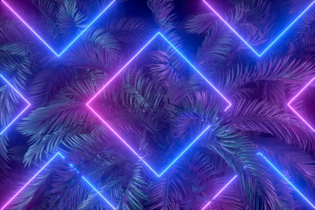 Photo of Palm tree with neon lightning square frames, abstract background