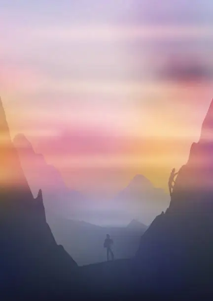 Vector illustration of Dawn above mountains, climbers on the cliffside