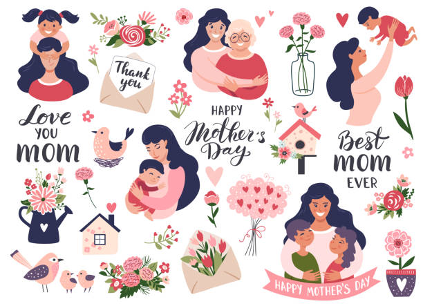 Mothers day set. Mothers day set with mom and daughter, calligraphy text, carnation flowers. Hand drawn vector illustration. happy mothers day stock illustrations