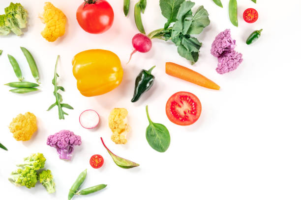 istock Fresh vegetables, overhead flat lay shot on a white background 1314465705