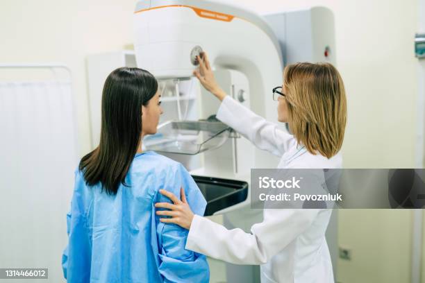 Young Woman Is Having Mammography Examination At The Hospital Or Private Clinic With A Professional Female Doctor Stock Photo - Download Image Now