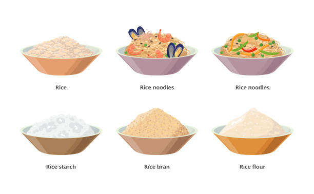 Rice food in bowls, rice noodles, starch, fluor, bran, grains. Set of vector icons, rice products isolated on white background. Rice food in bowls, rice noodles, starch, fluor, bran, grains. Set of vector icons, rice products isolated on white background rice bran stock illustrations
