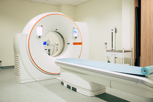 Medical Equipment and Health Care. Magnetic resonance imaging scan or computed tomography device in modern Hospital.