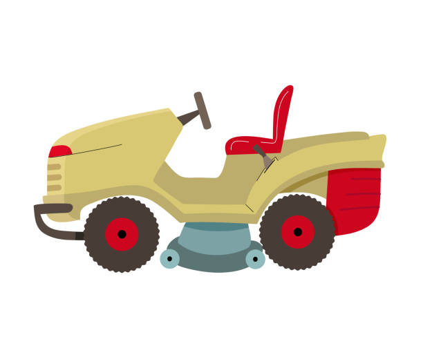 illustrazioni stock, clip art, cartoni animati e icone di tendenza di tosaerba per il taglio dell'erba. macchine agricole da giardinaggio isolate su sfondo bianco. illustrazione vettoriale in stile piatto. - rotary mower illustrations