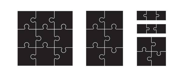 puzzle2 Black puzzles grid. Jigsaw puzzle 9, 6, 4 and 3 pieces jigsaw piece stock illustrations