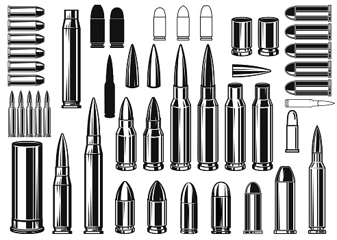 Set of Illustrations of bullets and cartridges in vintage monochrome style. Design element for label, sign, emblem, poster. Vector illustration