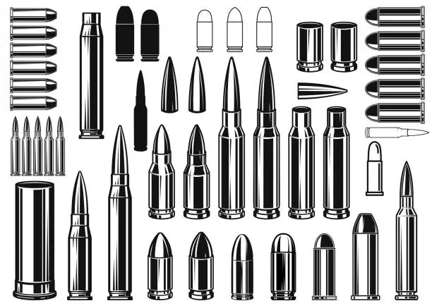 Vector illustration of Set of Illustrations of bullets and cartridges in vintage monochrome style. Design element for label, sign, emblem, poster. Vector illustration