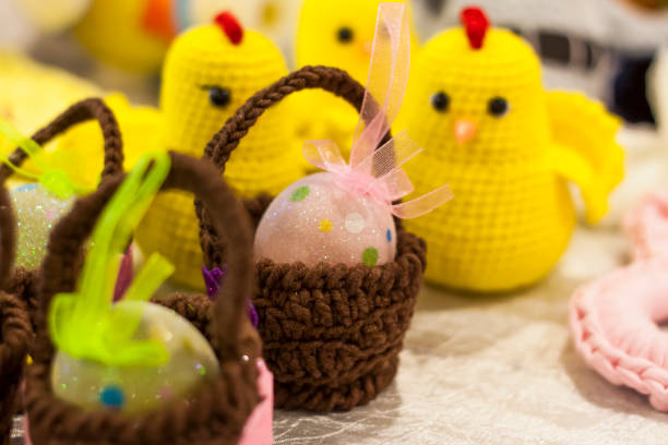 istock Knitted toys. Crocheted Easter yellow chickens. 1314468704