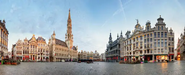 Photo of Belgium - Grand Place in Brussels, panoramic view before sunrise, nobody