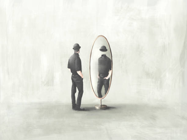 illustrations, cliparts, dessins animés et icônes de illustration de l’homme se regardant sans tête reflété dans le miroir, concept d’identité surréaliste - mirror reflection blues glass