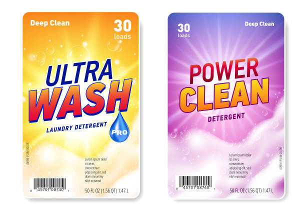 Set of Design templates of label for laundry detergent with realistic soap foam and sun flare light. Set of Design templates of label for laundry detergent with realistic soap foam and sun flare light. Vector laundry detergent stock illustrations