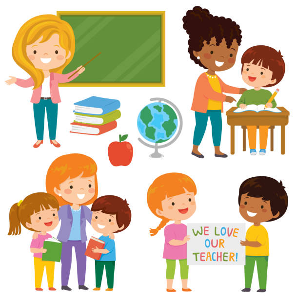 Teachers and students clipart set Teachers and kids at school. Cute happy teachers and their loving students learning together in the classroom. teacher appreciation week stock illustrations