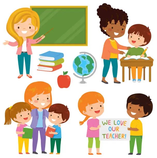 Vector illustration of Teachers and students clipart set