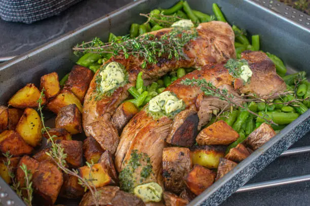 Delicious home cooked roast pork meat dish with fried potatoes and buttered green beans served with herb butter on a baking tray. Ready to eat