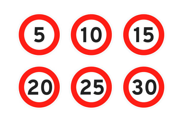 ilustrações, clipart, desenhos animados e ícones de limite de velocidade 5, 10, 15, 20, 25, 30 placas de ícone de tráfego rodoviário redondas definidas. - hour hand