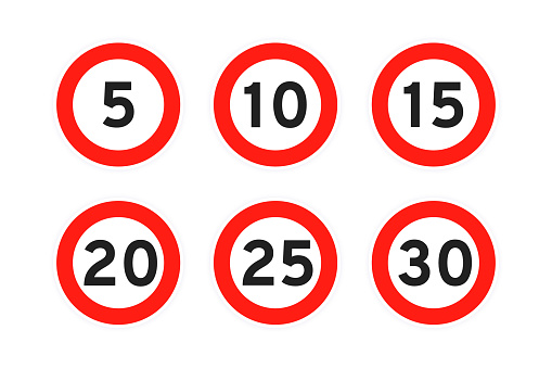 Speed limit 5, 10, 15, 20, 25, 30 round road traffic icon signs set flat style design vector illustration isolated on white background. Circle standard road sign with numbers of kmh.