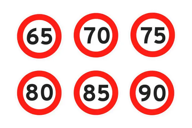 Vector illustration of Speed limit 65, 70, 75, 80, 85, 90 round road traffic icon signs set flat style design vector illustration.