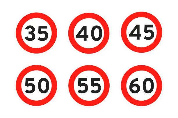 Vector illustration of Speed limit 5, 10, 15, 20, 25, 30 round road traffic icon signs set.