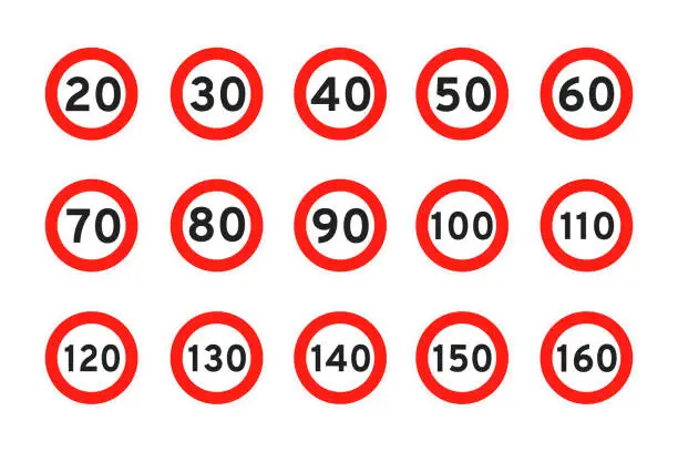Vector illustration of Speed limit 20 - 160 kmh round road traffic icon signs set flat style design vector illustration.