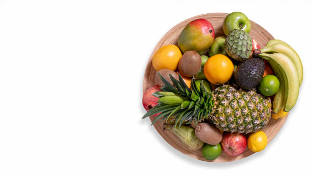 원형 나무 과일 그릇에 열대 과일 - agriculture basket bowl textile 뉴스 사진 이미지