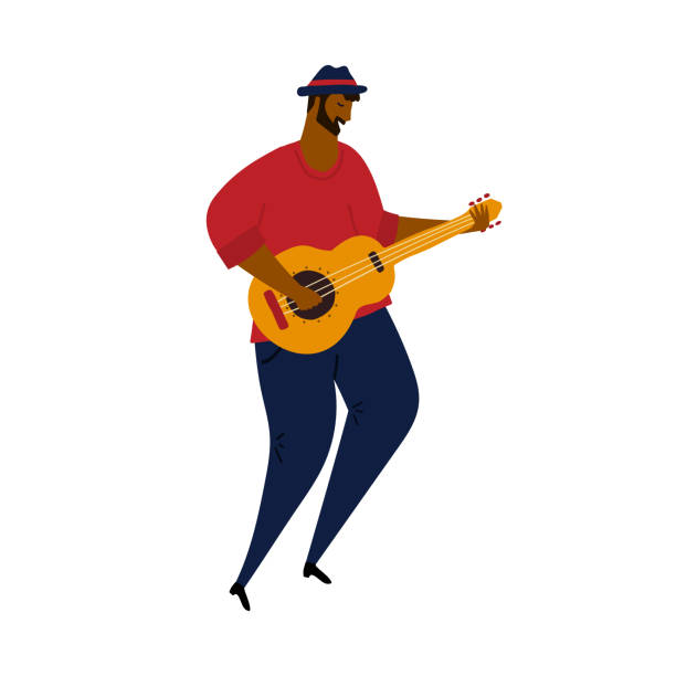 ręcznie rysowana ilustracja wektorowa abstrakcyjnego stylu kreskówki grającego na gitarze lub kubańskim tres. odizolowane na białym tle. - cuban ethnicity illustrations stock illustrations