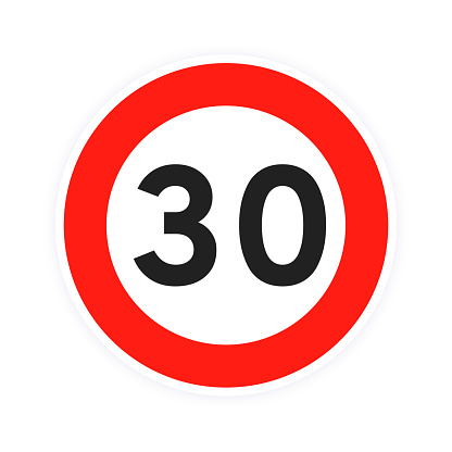 Speed limit 30 round road traffic icon sign flat style design vector illustration isolated on white background. Circle standard road sign with number 30 kmh.