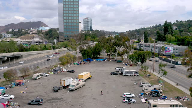 Aerial view of homeless encampment in Los Angeles