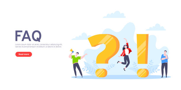 illustrazioni stock, clip art, cartoni animati e icone di tendenza di concetto di domande e risposte o domande frequenti con caratteri di persone minuscole, grande domanda e punto esclamativo, modello di domande frequenti. - exclamation point question mark right solution