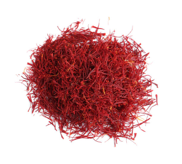 istock Heap of aromatic saffron on white background, top view 1314479812