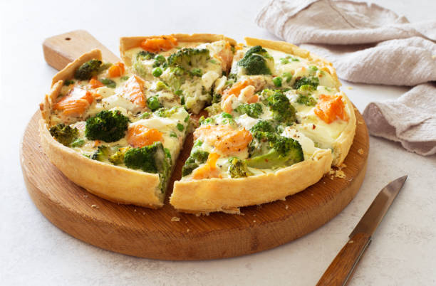istock Homemade pie (quiche) with salmon and broccoli close up 1314482018