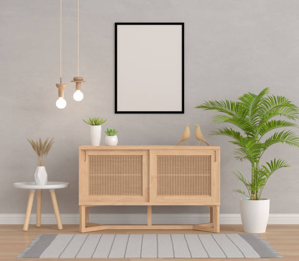istock Wood sideboard in living room with frame mockup, 3D rendering 1314483036