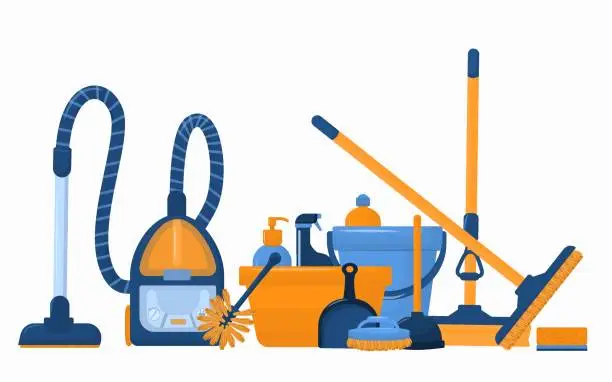 Vector illustration of vector illustration on the theme of cleaning with different types of vacuum cleaners, mops and detergents. Set of cleaning tools