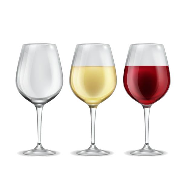 ilustrações de stock, clip art, desenhos animados e ícones de wine glass. empty with red or white grape beverage glasses, half filled alcoholic drink in elegant transparent wineglass. realistic winery collection, 3d vector isolated illustration - wineglass wine glass red wine