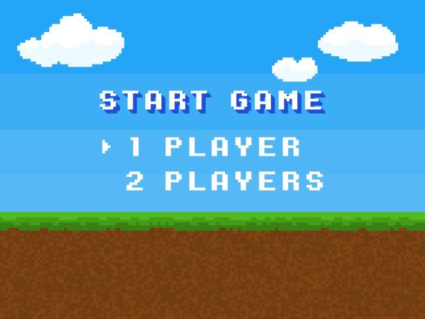 Pixel start game. 8 bit control menu screen, retro digital gameplay text, comic square stylized computer letters 80s. Summer meadow landscape background, blue sky and clouds vector concept Pixel start game. 8 bit control menu screen, retro digital gameplay text, comic square stylized computer letters 80s. Summer meadow landscape background, blue sky and clouds. Vector cartoon concept pixel sky background stock illustrations