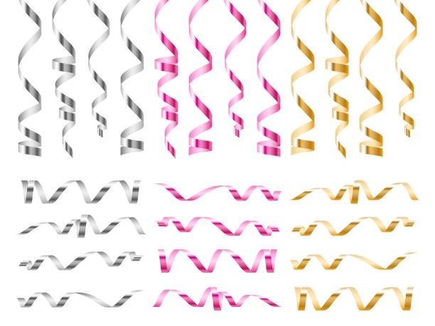 istock Realistic serpentine ribbons. Bright golden, pink and silver curled tapes, 3d festive metal spirals, holiday sparkle tinsel, birthday wedding or xmas party decor vector isolated set 1314484591