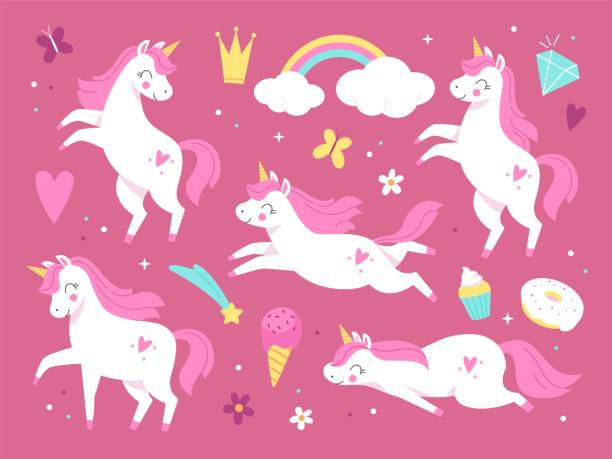 かわいいユニコーン。ピンクの美しい魔法のポニーのキャラクター、小さな女の子の装飾動物やアイテム、お菓子、花や虹、おとぎ話の愛らしい馬。ベクター漫画フラット分離セット - unicorn horse magic fairy tale点のイラスト素材／クリップアート素材／マンガ素材／アイコン素材