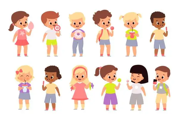 Vector illustration of Children eat sweet food. Cute kids with candies, sugar cotton and desserts, boys and girl hold lollipops, doughnut and ice cream, delicious drinks and snacks vector cartoon set