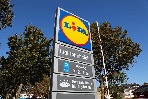Lidl supermarket sign in Gladbeck, Germany. Lidl is a German discount grocery store chain.