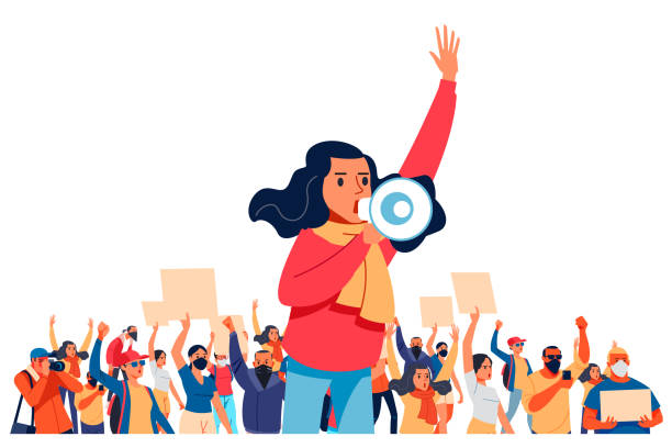 ilustraciones, imágenes clip art, dibujos animados e iconos de stock de una joven grita a través de megáfonos, apoyando las protestas en el contexto de las personas descontentas que protestan. diseño plano ilustración colorida aislada en blanco - luchar ilustraciones