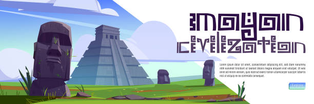 illustrazioni stock, clip art, cartoni animati e icone di tendenza di banner web cartoon civiltà maya con statue - moai statue