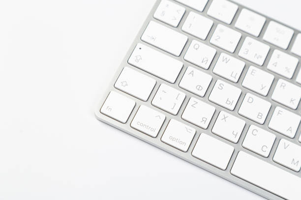 istock Aluminum computer keyboard wireless connection. Beautiful modern design, isolated on white background. close up view 1314487701