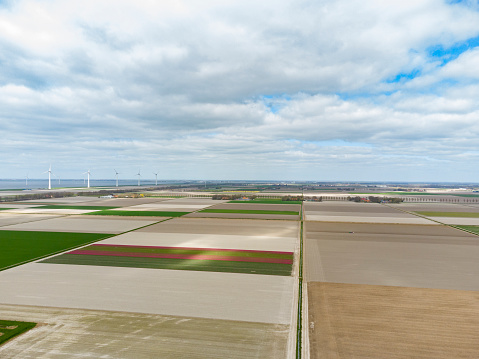 Agricutlural fields in the Noordoospolder in Flevoland, The Netherlands, during springtime seen from above. The Noordoostpolder is a polder in the former Zuiderzee designed initially to create more land for farming.