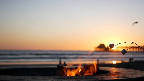 campfire pit in california usa. camp fire on ocean sea beach, roasting toast marshmallow on bonfire. - bonfire beach fire barbecue imagens e fotografias de stock