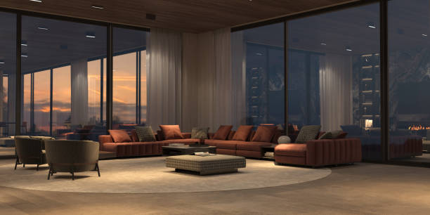 istock Luxury interior with panoramic windows and sunset view, modern large sofa with armchairs, carpet, stone floor and wooden ceiling. Design open living room with night lighting. 3d render illustration. 1314491365