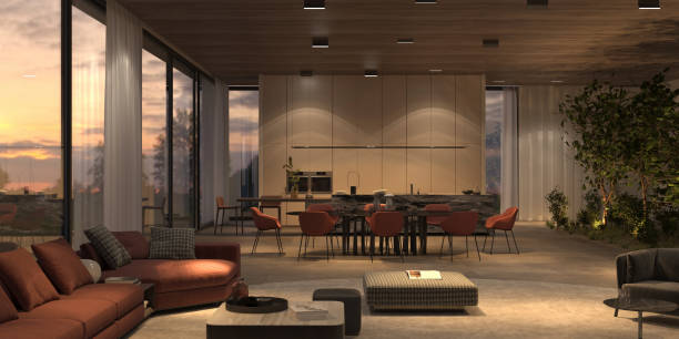 istock Elegant and luxurious light open living, kitchen and dining room with bright night lighting, stone floor, beige walls, wooden ceiling. Windows overlooking the sunset. 3d render illustration interior. 1314491371